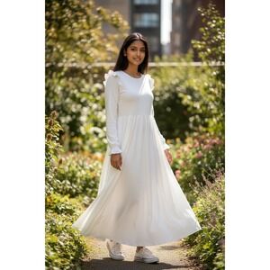 White Long Sleeve Maxi Dress Girls Ruffle Shoulder Elastic Cuff Crew Neck 33in